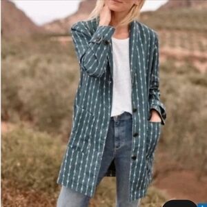 NWT Garnet Hill Blue Indigo Print Linen Button Front Coat with Cream Arrows